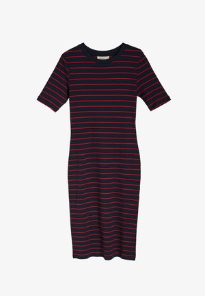 Granatowa sukienka w prążki z poziomymi czerwonymi paskami, okrągłym dekoltem i krótkimi rękawami. Posiada dopasowany krój oraz długość do kolan.