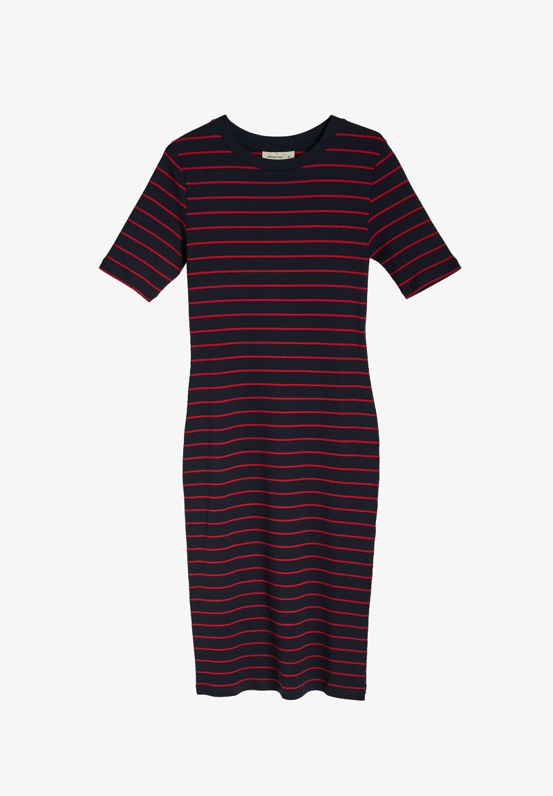 Granatowa sukienka w prążki z poziomymi czerwonymi paskami, okrągłym dekoltem i krótkimi rękawami. Posiada dopasowany krój oraz długość do kolan.