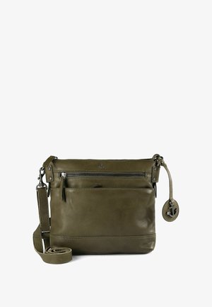 Bolso bandolera de cuero verde oliva con dos bolsillos con cremallera, correa ajustable y una etiqueta circular con un diseño de ancla.