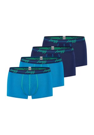 Vier Herrenboxershorts in abwechselnden Blau- und Marinefarben, jeweils mit einem elastischen Bund der Marke "Sloggi".