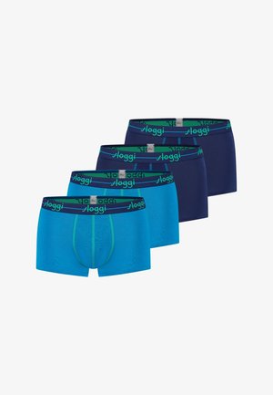 Four men's boxer briefs in alternating blue and navy colors, each with a branded elastic waistband labeled "Sloggi."
