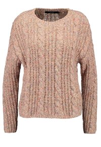 Pull en maille épaisse à manches longues en fils pastel mélangés, avec des motifs torsadés et un col rond.