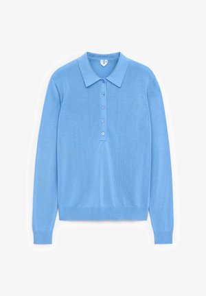 Hellesblaues langärmliges Strick-Polohemd mit spitzem Kragen und fünf vorderen Knöpfen, auf einem weißen Hintergrund präsentiert.