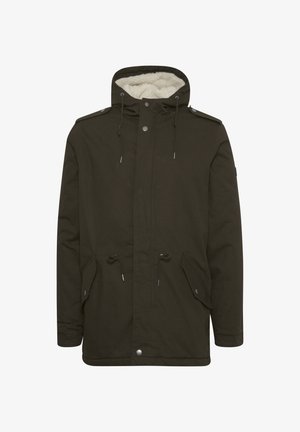 Sötétzöld parkajacket, puha fehér béléssel, elülső zsebekkel, húzózsinórral ellátott derékrésszel és patentos záródással. Tartós anyagból készült.