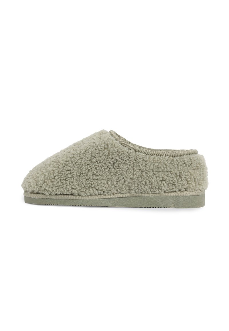 Light gray slip-on slipper with soft, fluffy texture and flat rubber sole, shown from the side on a white background.