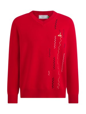 Rode V-hals trui met lange mouwen, voorzien van zwart, wit en beige zigzag- en golvende lijnborduursel aan de rechter voorkant.