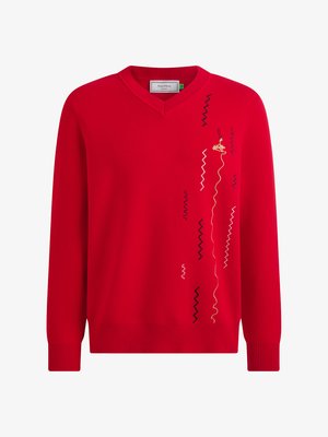 Raudonas V formos megztinis ilgomis rankovėmis, priekinėje dešinėje pusėje puoštas juodų, baltų ir smėlio spalvos zigzaginių bei banguotų siuvinėjimų.