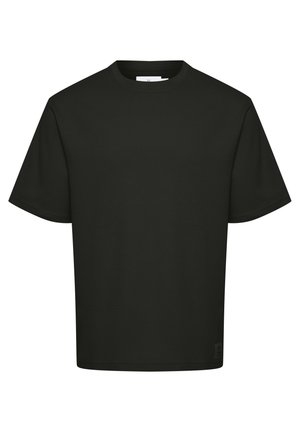 T-shirt noir oversize en coton, avec un col rond et des manches courtes, portant une petite étiquette de logo sur le côté inférieur.