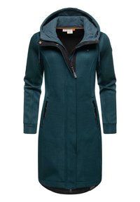 Manteau long en teal avec capuche, fabriqué en tissu texturé ; dispose de deux poches latérales zippées et d'une fermeture éclair à l'avant ; accents noirs le long du col.