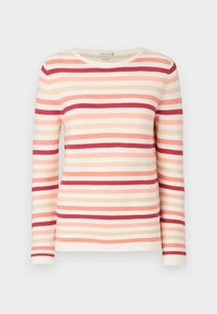 Long-sleeve striped sweater featuring soft fabric, horizontal lines in shades of peach, pink, and red, with a crew neckline and ribbed texture.