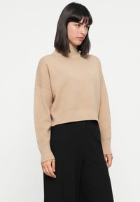 Pull beige court avec un col montant et des poignets côtelés. Son design simple présente un petit logo sur la poitrine, associé à un pantalon noir à jambes larges.