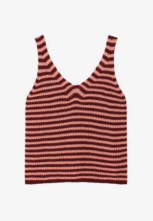 Ärmelloses, gestricktes Crop-Top mit abwechselnden horizontalen dunkelroten und rosa Streifen und tiefem, rundem Ausschnitt.