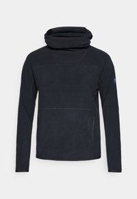 Zwarte fleece pullover met een hoge, omgeslagen kraag, lange mouwen en zijzakken; heeft een gladde textuur en minimale stikseldetails.