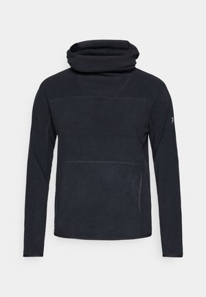 Zwarte fleece pullover met een hoge, omgeslagen kraag, lange mouwen en zijzakken; heeft een gladde textuur en minimale stikseldetails.