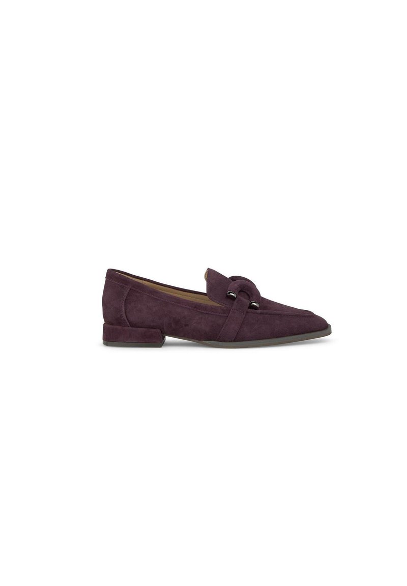 Lila Wildleder-Slipper mit niedrigem Blockabsatz, ausgestattet mit einem geknoteten Detail über dem Vorderfuß und einem spitzen Zehendesign.