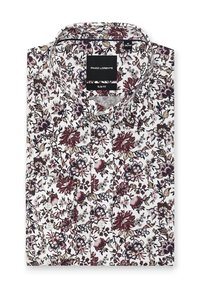 Koszula w kwiatowy wzór w białym kolorze z bordowymi, kremowymi i czarnymi detalami. Slim fit, z kołnierzykiem na guziki i gładką bawełnianą fakturą.