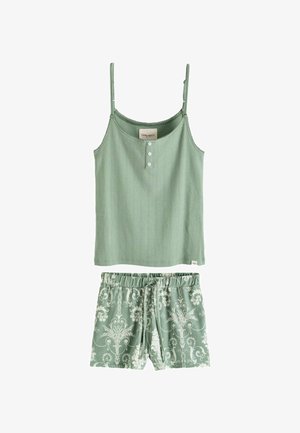 Light green camisole with thin straps, three buttons, and textured pattern, paired with matching shorts featuring a white floral design.