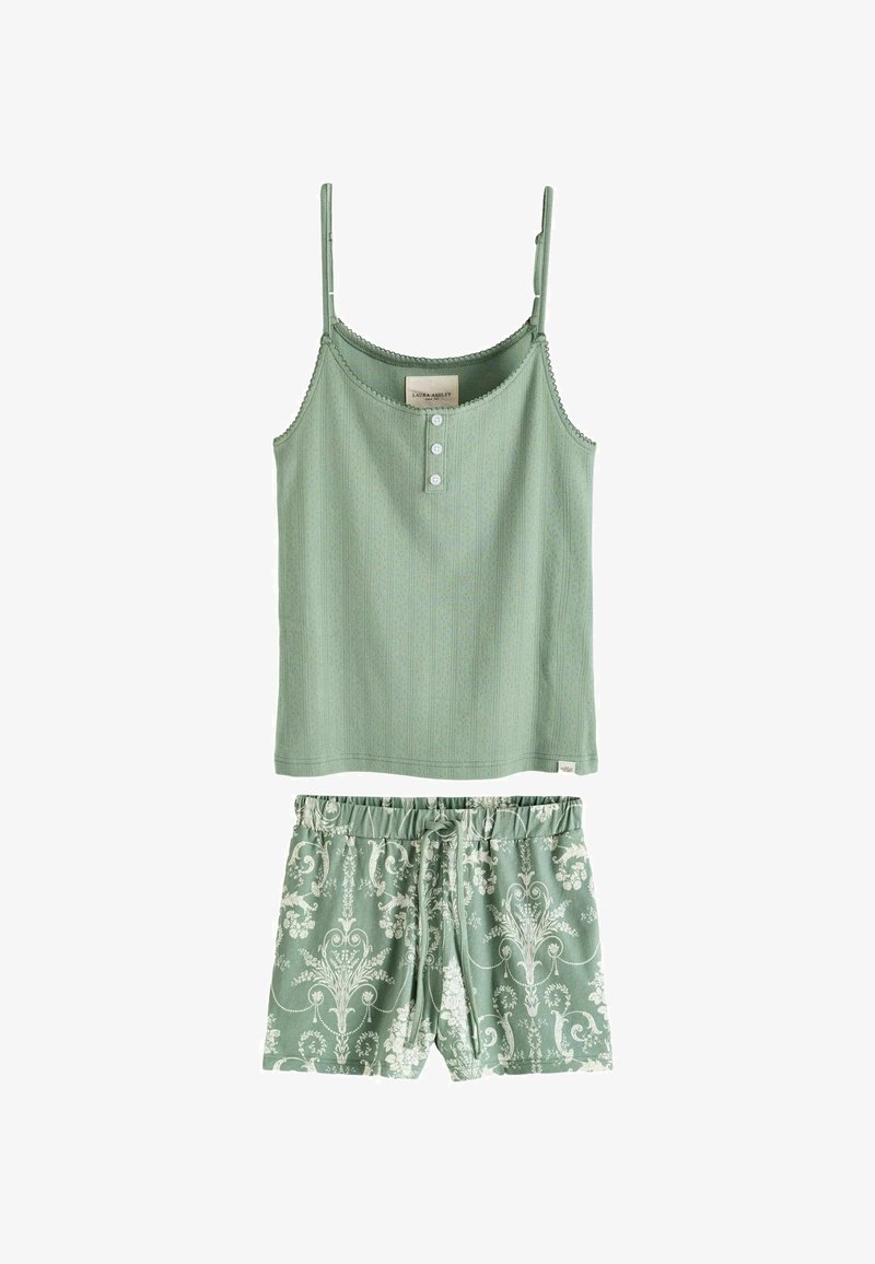 Camisole verde chiaro con spalline sottili, tre bottoni e motivo testurizzato, abbinato a pantaloni corti coordinati con un design floreale bianco.