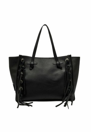 Borsa a tracolla in pelle nera con doppie maniglie e dettagli in nappina su entrambi i lati, con bottoni argentati e finitura testurizzata.