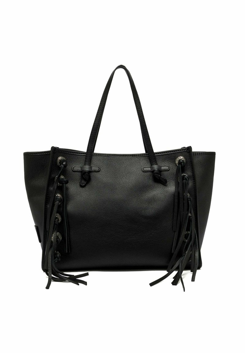 Sac en cuir noir avec poignées doubles et accents de pompons de chaque côté, doté de détails en bouton argenté et d'une finition texturée.
