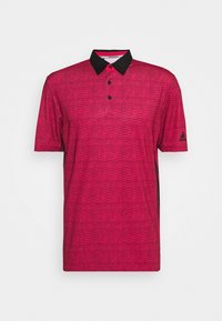 Červené polo tričko s krátkým rukávem a texturovanou tkaninou, černý límeček, zapínání na tři knoflíky a logo Adidas na levém rukávu.