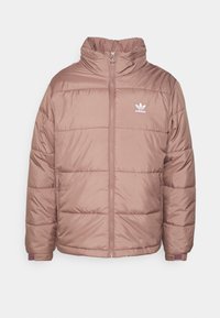 Giacca imbottita in nylon mauve, caratterizzata da un alto colletto, zip frontale, logo ricamato e polsini a coste. Design a trapunta orizzontale.