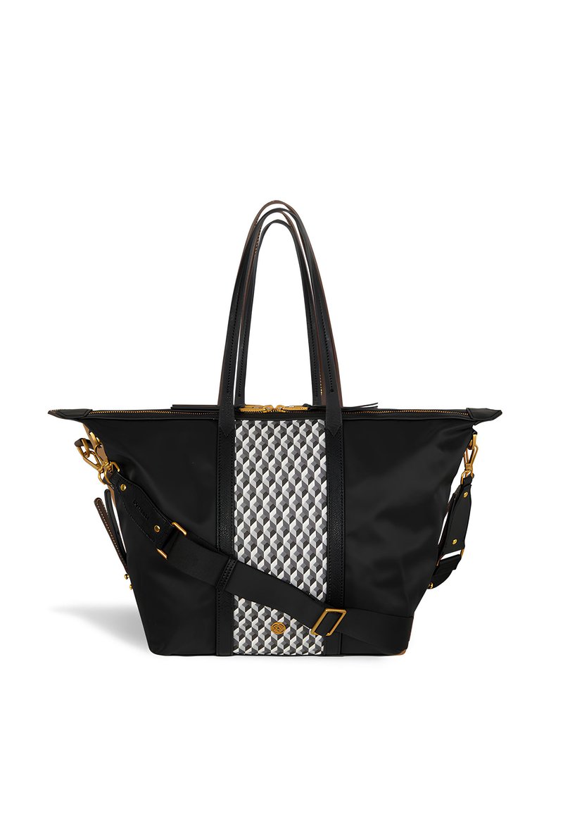 Borsa tote nera con pannello centrale geometricamente grigio e bianco, doppio manico, tracolla regolabile e dettagli in metallo dorato.