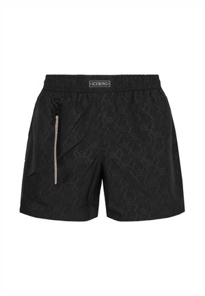 Black Iceberg swim shorts with subtle teddy bear pattern, elastic waistband, and branded zipper pull detail on the left side.