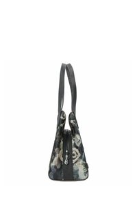 Borsa a tracolla nera con stampa floreale, dotata di manici doppi, chiusura con zip e forma triangolare e affusolata. Presenta un tessuto resistente e sottili dettagli in metallo.