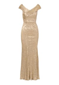 Goldene Robe mit schulterfreier Verarbeitung und tailliertem Oberteil. Sie verfügt über einen ausgestellten unteren Abschnitt mit einer subtilen blumigen Textur.