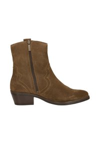 Brown suede ankle boot with side zipper, low stacked heel, and decorative stitching on the outer side.