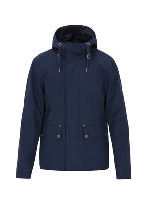 Giacca impermeabile blu navy con cappuccio, dotata di dettagli in argento, due tasche con pattina e coulisse regolabili. Tessuto dalla texture liscia.