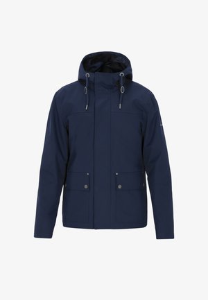Marineblauwe waterdichte jas met capuchon, voorzien van zilverkleurige accessoires, twee klepzakken en verstelbare trekkoorden. Soepele textuur.