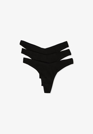 Drei schwarze, gerippte Damen-Stringtangas mit V-Ausschnitt, auf weißem Hintergrund gestapelt.