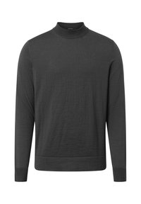 Dunkelgrauer Rollkragenpullover, Strickpullover-Stil, lange Ärmel, gerippter Kragen und Bündchen, glatte Textur, minimales Design, keine Muster oder Verzierungen.