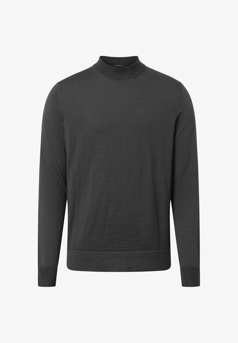 Dunkelgrauer Rollkragenpullover, Strickpullover-Stil, lange Ärmel, gerippter Kragen und Bündchen, glatte Textur, minimales Design, keine Muster oder Verzierungen.