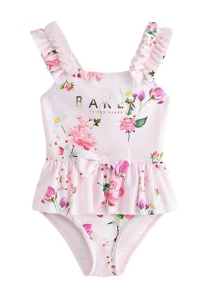 Rosa Blumen-Spielanzug für Kleinkinder mit gerafften Trägern, Peplum-Rock, Schleifendetail und goldenem "BAKER by Ted Baker" Logo auf der Vorderseite.