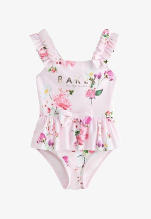 Costum de baie roz cu imprimeu floral pentru copii mici, cu bretele volanate, fustă peplum, detaliu cu fundă și logo auriu "BAKER by Ted Baker" pe față.