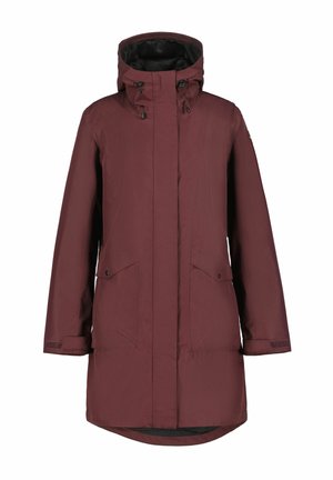 Veste imperméable bordeaux avec un col haut, des cordons de serrage réglables, des poches avant et un ourlet arrière lég�èrement plus long. Texture lisse.