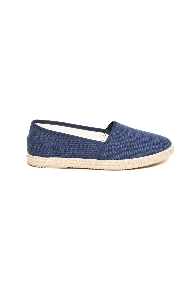 Navy blue espadrille slip-on shoe with a textured fabric upper and jute rope sole. Rounded toe and elasticated sides for easy wear.