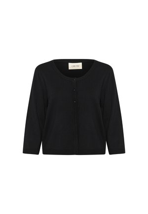 Zwarte cardigan met lange mouwen en een ronde halslijn, voorzien van vijf knoopsluitingen aan de voorkant en ribbeldetails op de manchetten en de zoom.