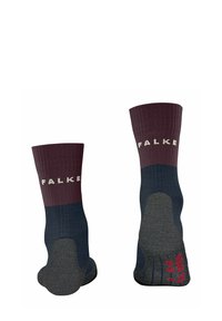 Knielange Socken mit einem kastanienbraunen gerippten Rand und einem blauen Körper. Verfügt über verstärkte dunkelgraue Sohlen mit roten Akzenten und der Markenbezeichnung "FALKE."