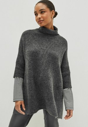 KNITTED PONCHO WITH STRIPE SLEEVE - Pullover - charcoal grey