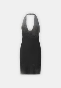 Rochie cu guler halter, cu dungi, într-o nuanță gradient de negru, prezintă un decolteu adânc în formă de V și accente din metal argintiu la guler. Textură netedă.