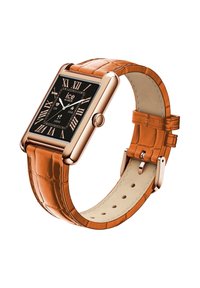 Orologio quadrato con quadrante nero, numeri romani e cassa in oro rosa. Progettato con un cinturino in pelle marrone con motivo coccodrillo.