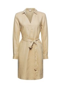 Robe beige à manches longues avec col, col en V, ceinture en tissu nouée à la taille, longueur genou, en tissu léger.