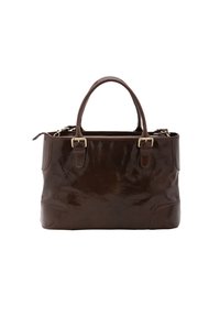 Sac à main en cuir marron avec une texture lisse, une forme structurée, deux poignées et des détails en métal. Il présente des accents latéraux et une fermeture éclair.