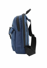 Borsa a tracolla in nylon blu con una sola tracolla regolabile, scomparti con zip, tasca laterale e superficie testurizzata.