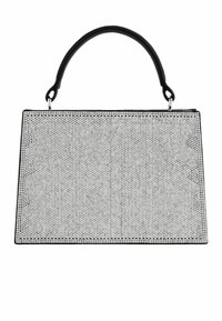 Schwarze Handtasche mit rechteckiger Form, deren Oberfläche mit kleinen, glänzenden silbernen Nieten und glatten schwarzen Rändern bedeckt ist.