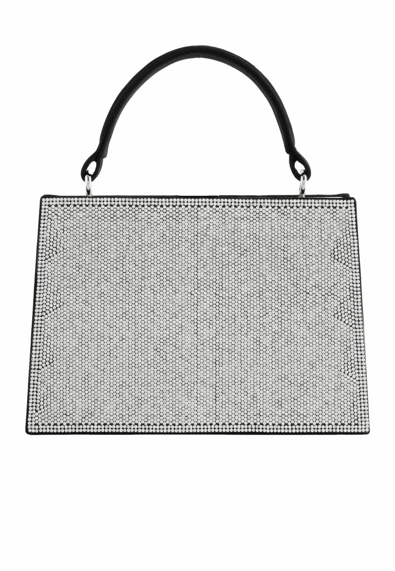 Schwarze Handtasche mit rechteckiger Form, deren Oberfläche mit kleinen, glänzenden silbernen Nieten und glatten schwarzen Rändern bedeckt ist.